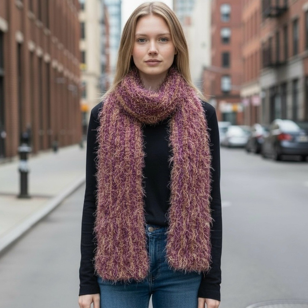 Elegant Purple and Gold Knit Shaggy Scarf
